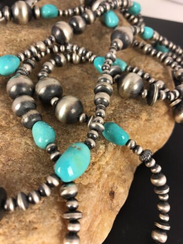 Navajo Pearls Sleeping Beauty Turquoise Necklace | 70" Single Strand | Sterling Silver | Southwestern | 8051