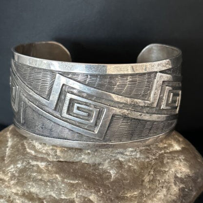Handmade Sterling Silver Navajo Stamped Cuff Bracelet | Authentic Native American Jewelry | 14590