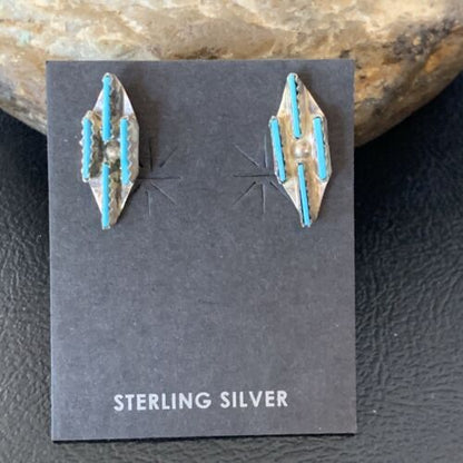Zuni Blue Turquoise Needle-Point Dangle Post Earrings | Sterling Silver | 0.70" | 12751
