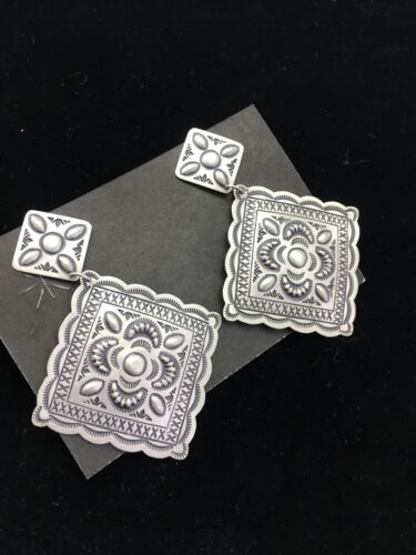 Authentic Native American Navajo Sterling Silver Stamped Earrings | 2.75" | SET01708 - Masha USA