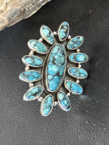 Navajo Blue Turquoise Cluster Ring | Authentic Native American Sterling Silver | Multi-Stone | Sz 6.5 | 14227