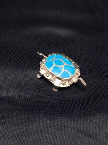 Authentic Native American Zuni Sterling Silver Turtle Pin Pendant | Blue Turquoise | Handmade | 2805