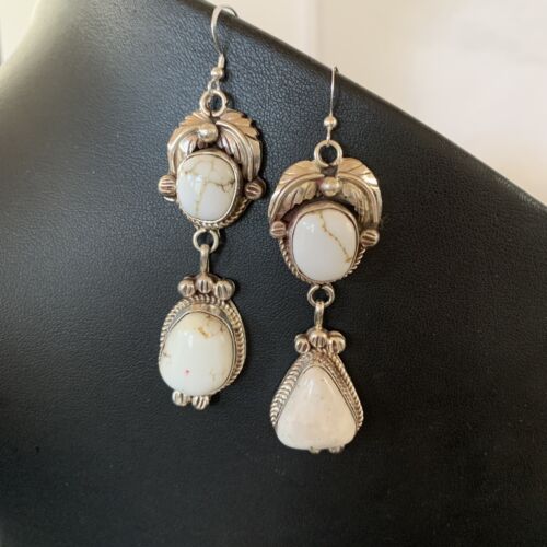 Navajo White Buffalo Turquoise Dangle Earrings | Sterling Silver | 2.50" | Authentic Native American Handmade | 1662