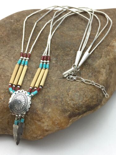 Navajo Concho Heishi Tubes Necklace | 3 Strand Liquid Sterling Silver | Authentic Native American Handmade | 4373