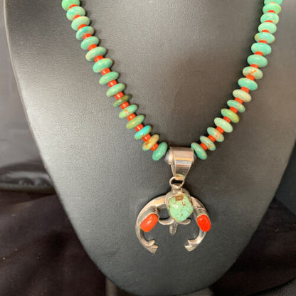 Navajo Pearl Royston Turquoise Coral Necklace with Naja Pendant | Sterling Silver | 13758