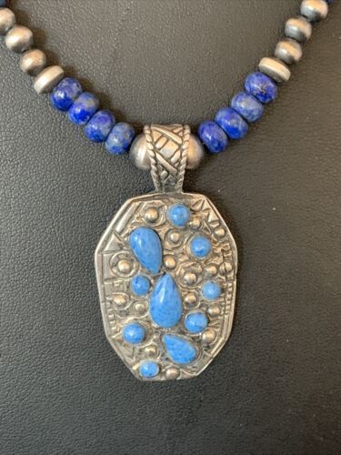 Navajo Sterling Silver Blue Denim Lapis Necklace Pendant | Multi-Stone | Authentic Native American Handmade | 12262