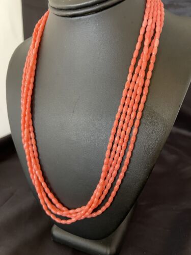 Navajo Orange Coral 5-Strand Necklace | Sterling Silver Barrel Beads | 22" | Authentic Native American Handmade | 10437
