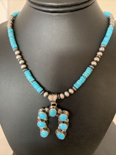 Navajo Blue Turquoise Necklace with Sterling Silver Naja Pendant | Authentic Native American Handmade | 02017