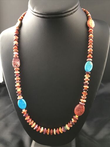 Navajo Turquoise | Purple Red Spiny Oyster Bead Necklace | Sterling Silver | 22" | 10143