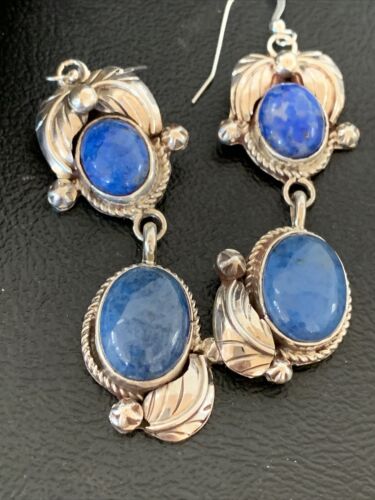 Native American Navajo Denim Lapis Dangle Earrings | Sterling Silver | 2" | 1866