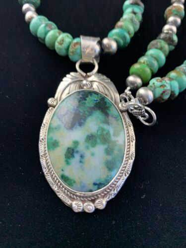 Men's Navajo Turquoise Necklace with Moss Agate Pendant | Sterling Silver | Authentic Native American Handmade | 1626