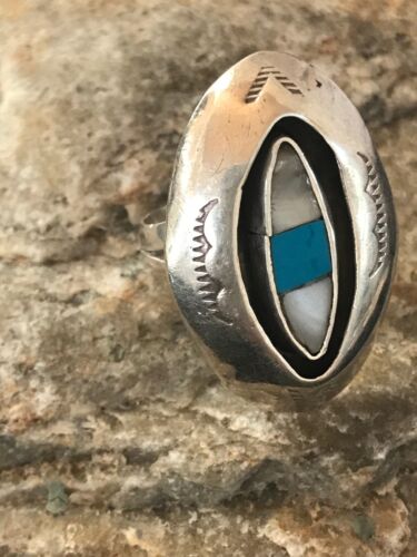 Navajo Kingman Turquoise & Mother of Pearl Ring | Sterling Silver Shadow Box | Sz 9 | 10207