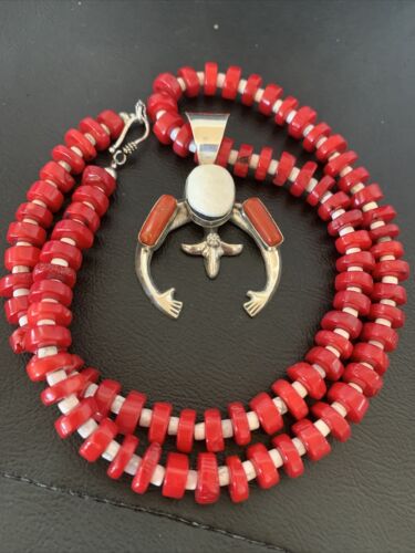 Navajo White Buffalo Turquoise Coral Naja Pendant | Sterling Silver | Authentic Native American Handmade | 10517