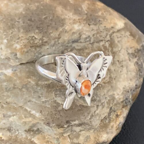 Navajo Orange Spiny Oyster Butterfly Ring | Sterling Silver | Sz Adj 8 | Authentic Native American Handmade | 10343