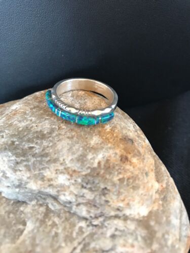 Southwestern Navajo Blue Opal Inlay Ring | Sterling Silver | Sz 7.5 | Authentic Native American Handmade | Yazzie | 10610
