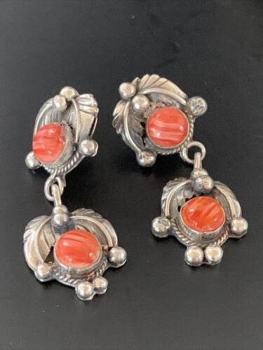 Navajo Red Spiny Oyster Dangle Earrings | Sterling Silver | Authentic Native American Handmade | 2059