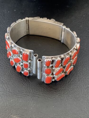 Old Pawn Men's Navajo Sterling Silver Watch Bracelet with Red Coral | Authentic Native American Jewelry | 12152