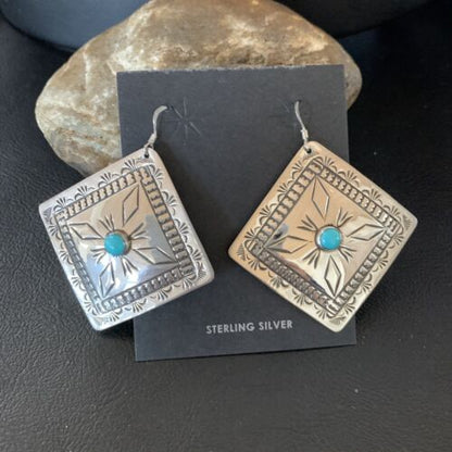 Navajo Blue Turquoise Earrings | Stamped Sterling Silver | Authentic Native American Handmade | 13324