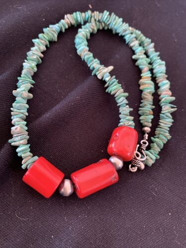 Native American Navajo Men's Necklace | Sterling Silver Turquoise Coral | 21" | 881