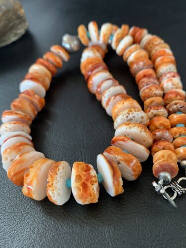 Navajo Orange Spiny Oyster & Turquoise Necklace | Sterling Silver | Authentic Native American | Graduated | 20" | 1504