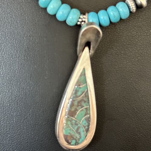 Navajo Blue Turquoise Pendant Necklace | Sterling Silver | 22" | Authentic Native American Handmade | 14603
