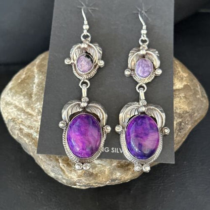 Navajo Purple Sugilite Dangle Earrings | Sterling Silver | 2" | Authentic Native American Handmade | 14402