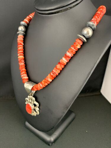 Navajo Red Spiny Oyster Pendant Necklace | Sterling Silver | Authentic Native American Handmade | 4783