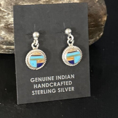 Navajo Multi-Color Turquoise Spiny Lapis Inlay Earrings | Sterling Silver | Authentic Native American Handmade | 14653
