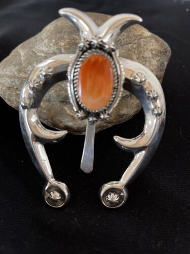 Navajo Orange Spiny Oyster Naja Pendant | Sterling Silver | Authentic Native American Handmade | 1062