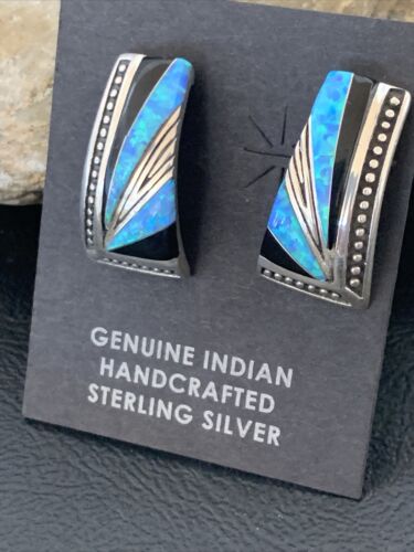 Navajo Turquoise Opal Onyx Inlay Earrings | Sterling Silver | Authentic Native American Handmade | 12115