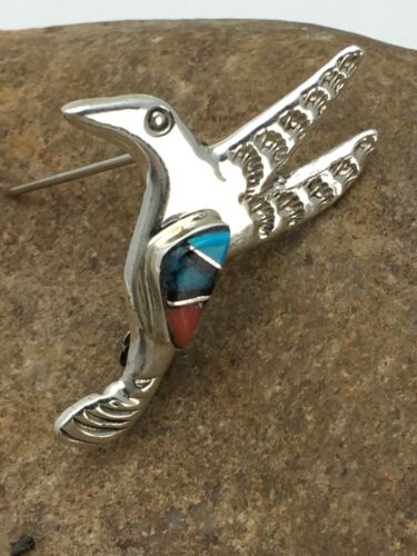 Navajo Hummingbird Pin with Coral Turquoise Inlay | Sterling Silver | Authentic Native American Handmade | 2901