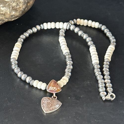 Navajo Pearls Wild Horse Turquoise Necklace Pendant | Sterling Silver | Authentic Native American Handmade | 14374