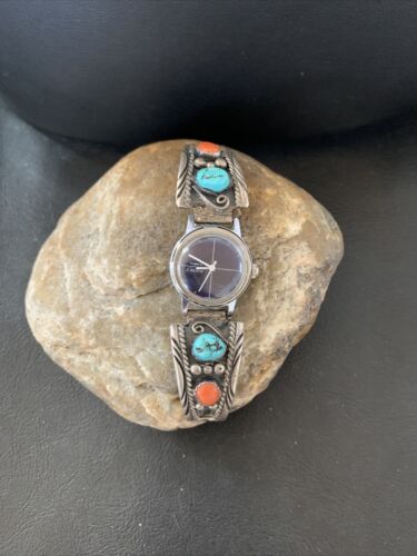 Navajo Sterling Silver Watch Tips | Old Pawn Turquoise & Coral Band | Authentic Native American Jewelry
