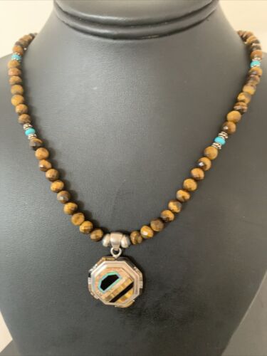 Navajo Tiger's Eye & Spiny Oyster Necklace | Sterling Silver Pearls | 20" | Inlay | Authentic Native American Handmade | 01459