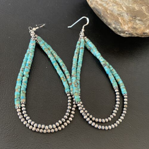 Navajo XL Turquoise Heishi Beads Earrings | Sterling Silver | 4" | 12687