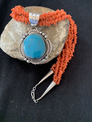 Navajo Sterling Silver Coral Bead Necklace | Turquoise Pendant | Multi-Strand 21" | 00766