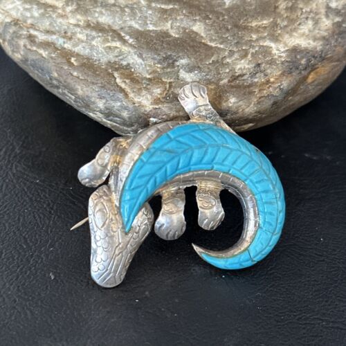 Navajo White & Blue Turquoise Lizard Pin Pendant | Sterling Silver Gecko Inlay | Native American Handmade | 14510