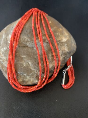 Natural Red Coral Rice Heishi Beads Necklace | 5 Strand | Sterling Silver | 20" | 12927