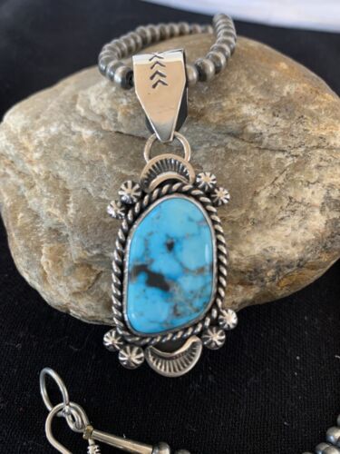 Navajo Spiderweb Kingman Turquoise Pendant Necklace | Sterling Silver | Authentic Native American Handmade | 690