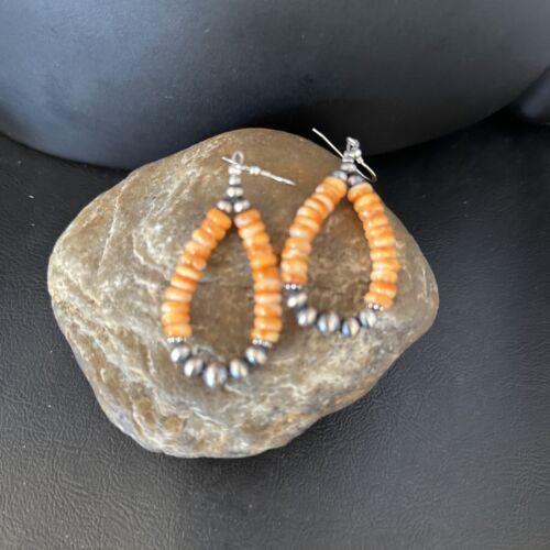Native Orange Spiny Oyster Bead Earrings Navajo Sterling Silver 14294