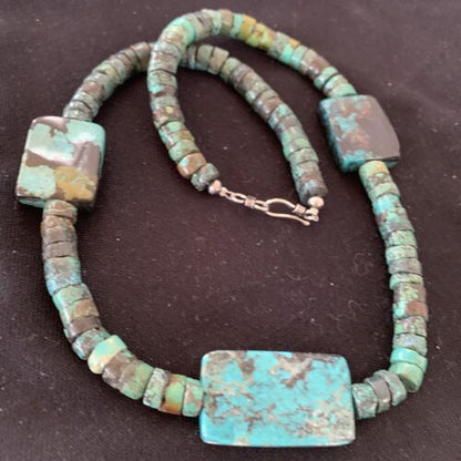 Native American Rustic Turquoise Nugget Heishi Bead Necklace | Sterling Silver | 22" | 1399