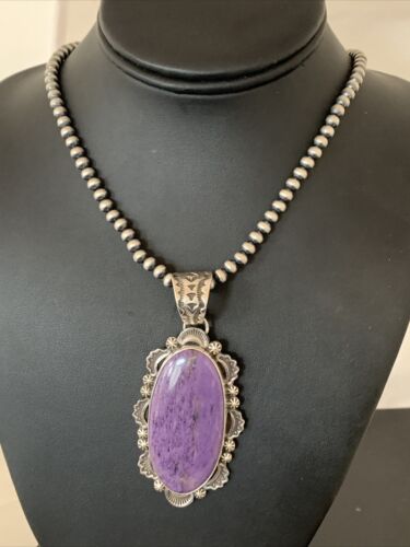 Southwestern Navajo Pearls Necklace | Sterling Silver Charoite Pendant | Authentic Native American Handmade | 01279