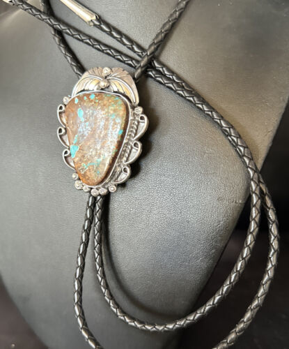 Navajo Blue Boulder Turquoise Bolo Tie | Sterling Silver | Authentic Native American Handmade | 14252