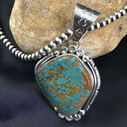 Navajo Blue #8 Turquoise Pendant | Sterling Silver | 3" | Authentic Native American Handmade | 10157