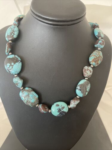 Navajo Chunky Turquoise #8 Necklace | Sterling Silver Pearls | Authentic Native American Handmade | 22" | 1242