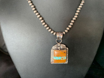 Men's Blue Boulder Turquoise Necklace Pendant | Sterling Silver | Navajo Handmade | 13767