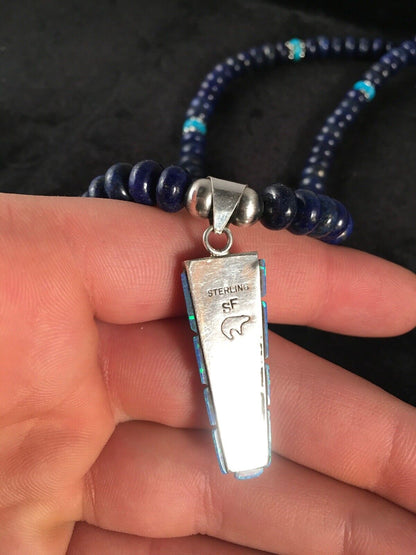 Navajo Opal, Lapis & Turquoise Inlay Pendant Necklace | Sterling Silver | Authentic Native American Handmade | 3348