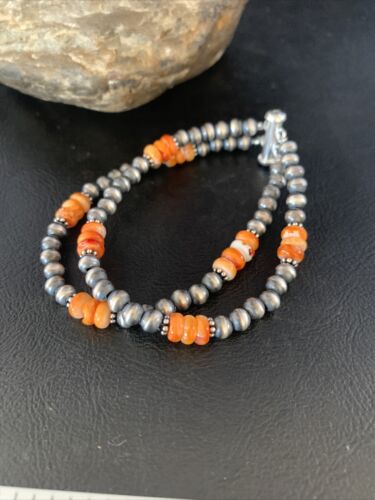 Navajo Pearls Sterling Silver Orange Spiny Oyster Bead Bracelet | 7.5" | Authentic Native American Handmade | 13801