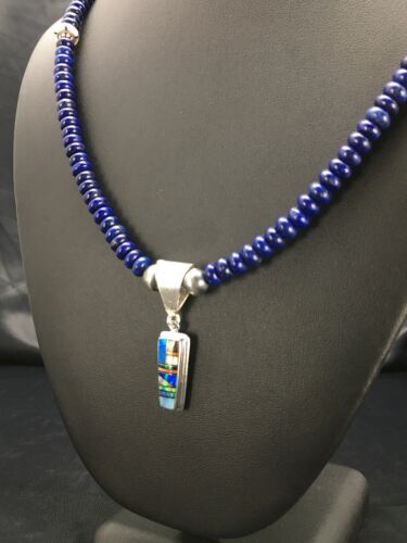 Navajo Sterling Silver Necklace Lapis Opal Pendant Set | 22" | Authentic Native American Handmade | 2907
