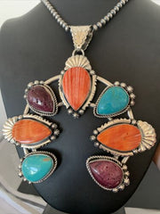 Navajo Sterling Silver Necklace with Turquoise & Spiny Oyster Naja Pendant | 00791